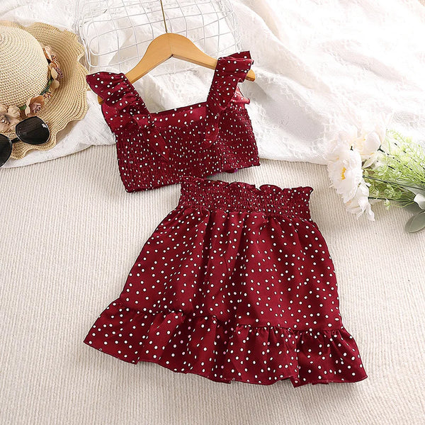 Conjunto Infantil Menina Cropped Poá com Detalhe Franzido + Saia com Babados 2 Peça