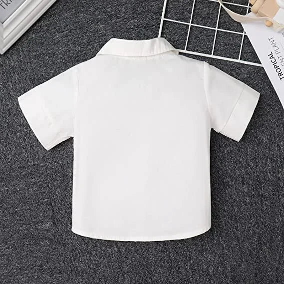Conjunto Bebê Batizado Branco Jardineira com Suspensório e Camisa Manga Curta