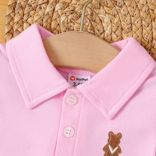 Vestido Bebê Menina Gola Polo Manga Curta Saia Plissada com Botões Rosa