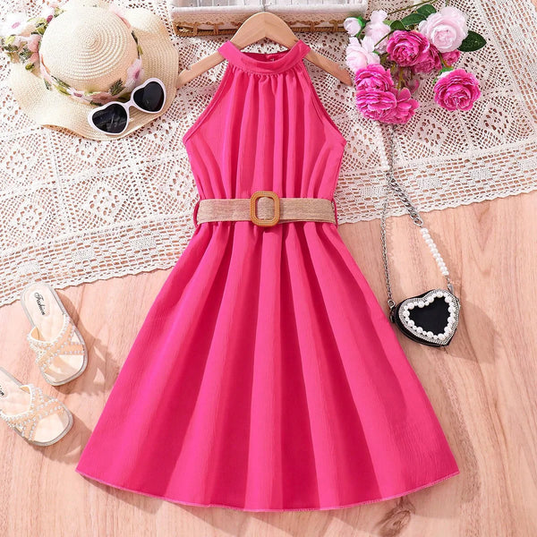 Vestido Infantil Menina Gola Halter Sem Manga com Cinto e Saia Evasê