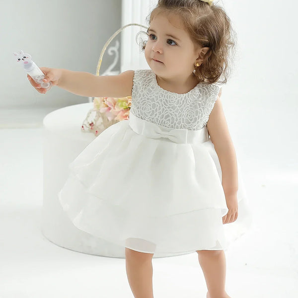 Vestido Menina Batizado Renda com Laço e Saia Rodada
