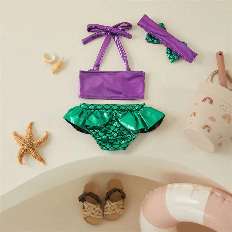 Biquíni Infantil 2 Peças Fantasia Sereia Top Roxo e Calcinha Verde com Babado