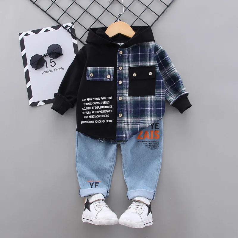 Conjunto Infantil Menino 2 Peças Camisa Xadrez com Capuz  + Calça Jeans