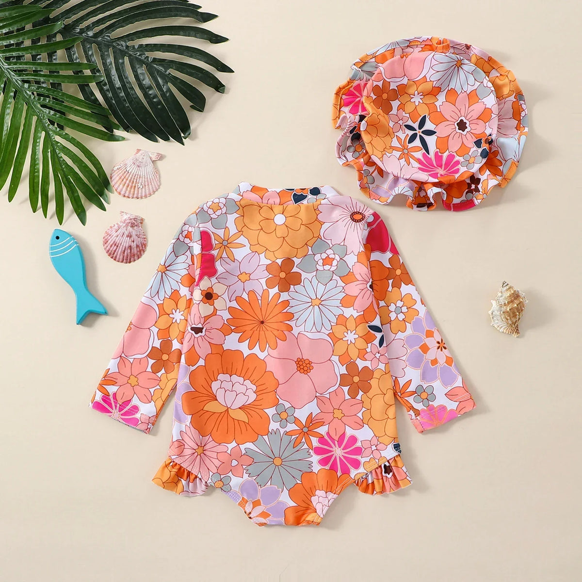 Maiô Bebê Menina Manga Longa com Zíper Frontal Estampa Floral e Babado