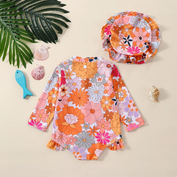 Maiô Bebê Menina Manga Longa com Zíper Frontal Estampa Floral e Babado