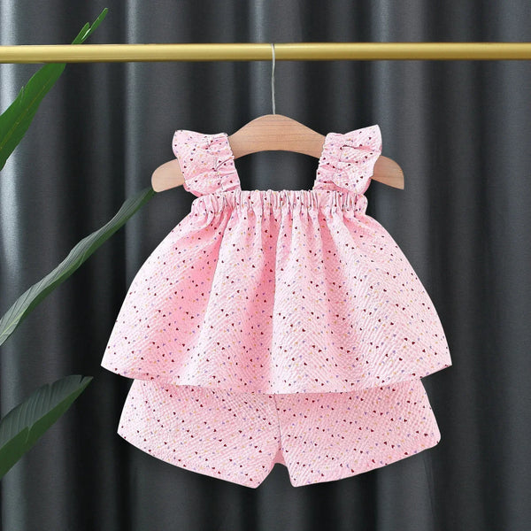 Conjunto Bebê Menina 2 Peças Blusa com Babado e Laço E Short  Estampa Salpicada