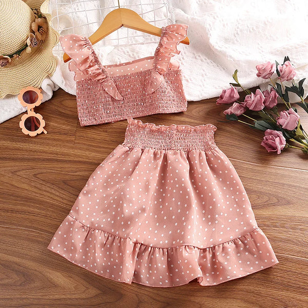 Conjunto Infantil Menina Cropped Poá com Detalhe Franzido + Saia com Babados 2 Peça