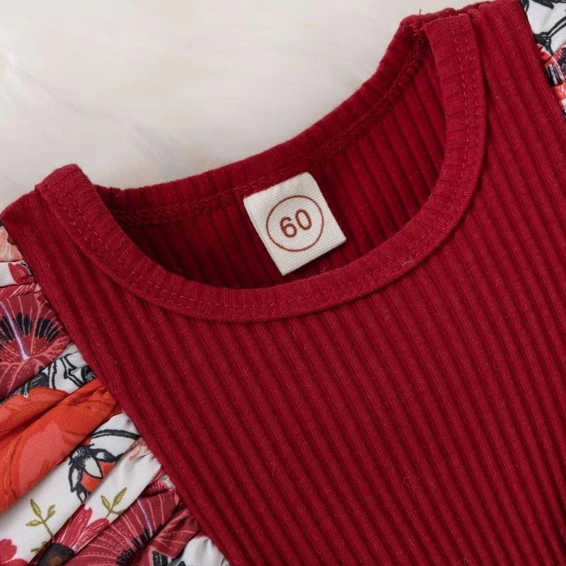 Vestido Recem Nascido Macaquinho Vestido Bebê Malha Canelada Estampa Floral com Babados e Laços