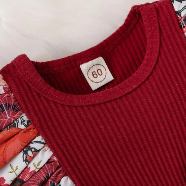 Vestido Recem Nascido Macaquinho Vestido Bebê Malha Canelada Estampa Floral com Babados e Laços