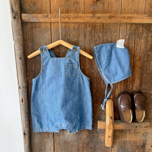 Jardineira Bebê Romper Sem Manga com Bolso Frontal