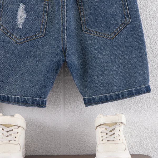 Bermuda Jeans Infantil Azul Escuro com Cintura Elástica e Rasgos Desfiados