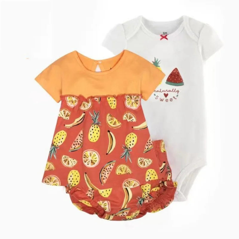 Conjunto Bebê Menina 3 Peças Vestido  com Estampas E Tapa Fralda  E Body  Bordado