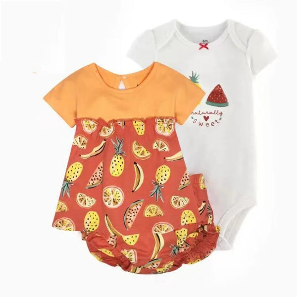 Conjunto Bebê Menina 3 Peças Vestido  com Estampas E Tapa Fralda  E Body  Bordado