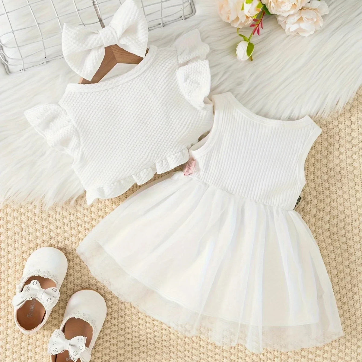 Vestido Bebê Menina Conjunto Tule Bordado Floral com Bolero