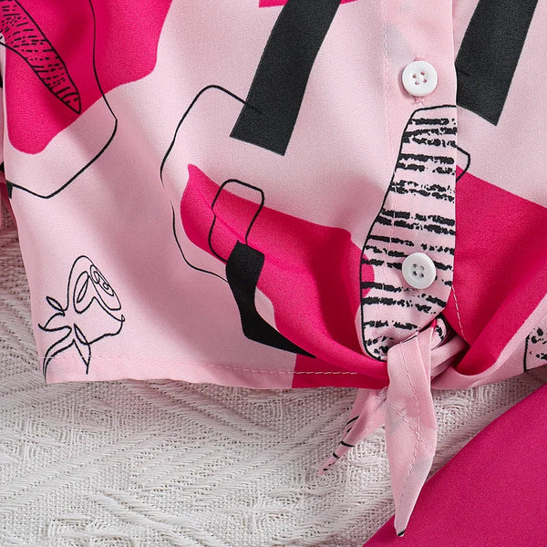 Conjunto Menina Camisa Manga Curta Estampada + Saia Short com Laço 2 Peças