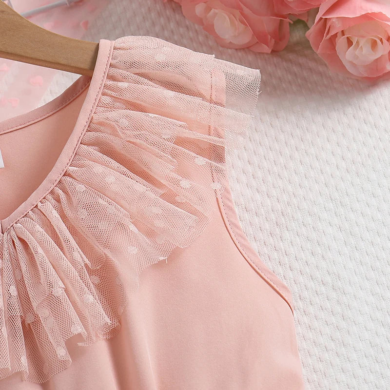 Vestido Infantil Rosê de Tule com Babados e Laço na Cintura
