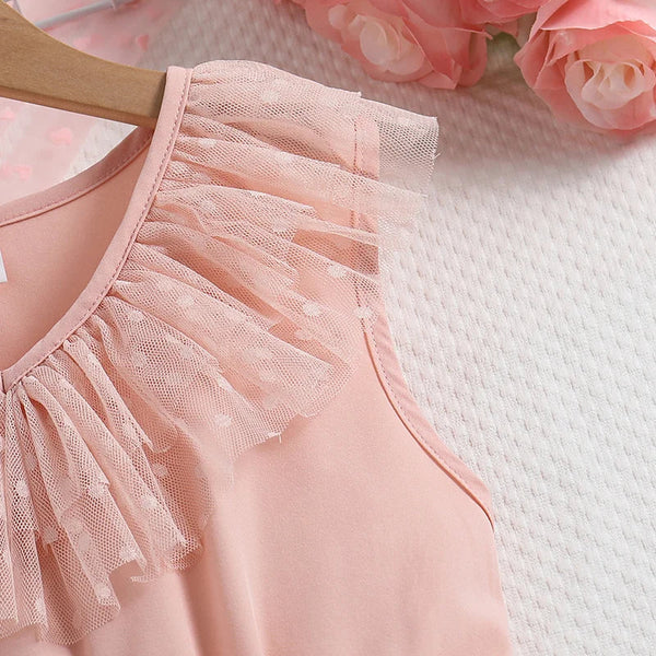 Vestido Infantil Rosê de Tule com Babados e Laço na Cintura