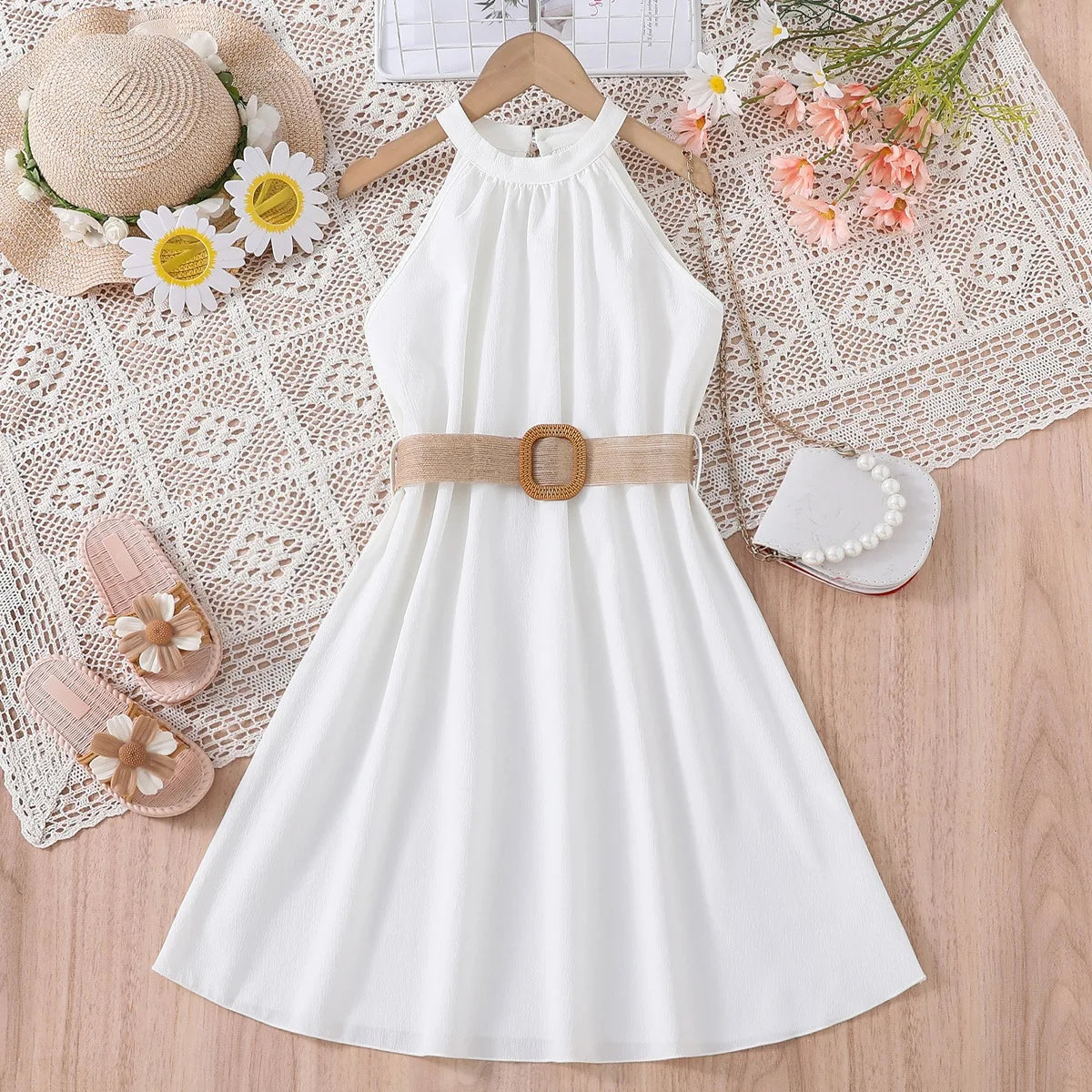Vestido Infantil Menina Gola Halter Sem Manga com Cinto e Saia Evasê