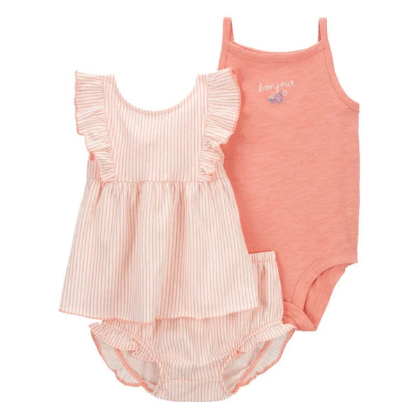 Conjunto Bebê Menina 3 Peças Vestido  com Estampas E Tapa Fralda  E Body  Bordado