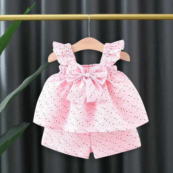 Conjunto Bebê Menina 2 Peças Blusa com Babado e Laço E Short  Estampa Salpicada