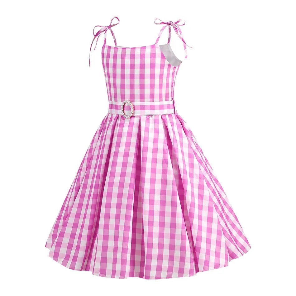 Vestido Infantil Menina Xadrez Vichy Alças com Laço Saia Rodada