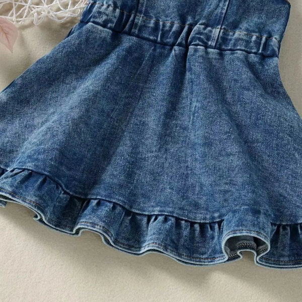 Vestido Bebê Menina Jeans Jardineira com Alças e Botões Barra com Babado