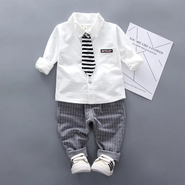 Conjunto Social Infantil Camisa com Gravata Preta e Branca + Calça Xadrez