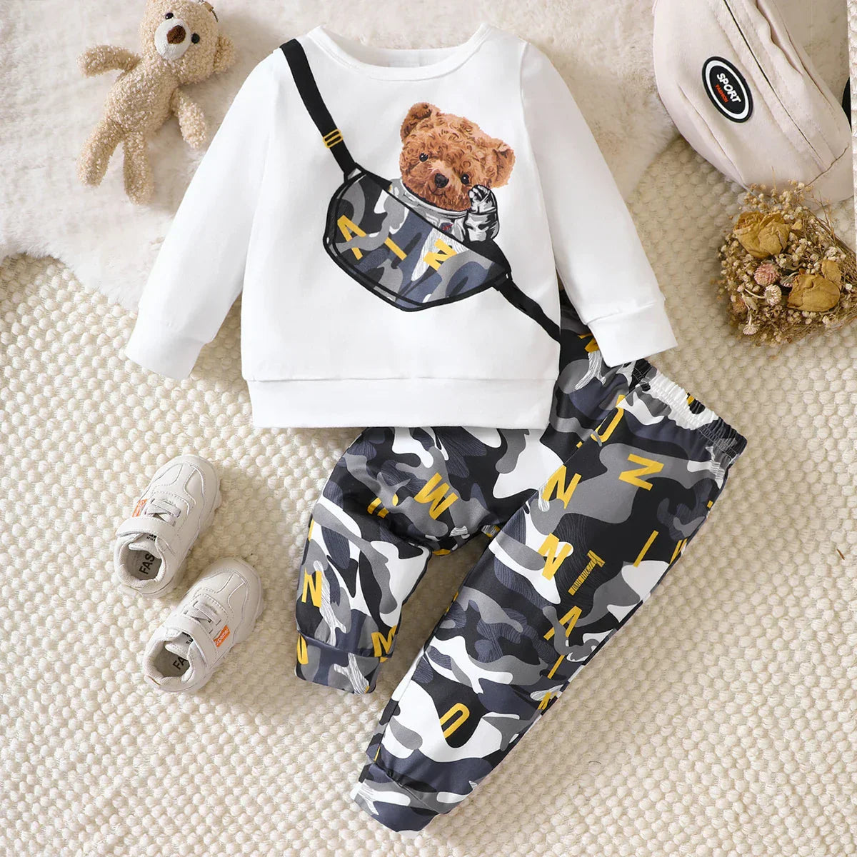 Conjunto Infantil Menino 2 Peças Blusa Manga Longa Estampa Urso e Calça Camuflada