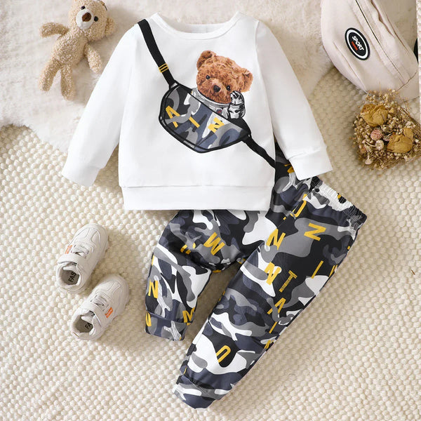 Conjunto Infantil Menino 2 Peças Blusa Manga Longa Estampa Urso e Calça Camuflada