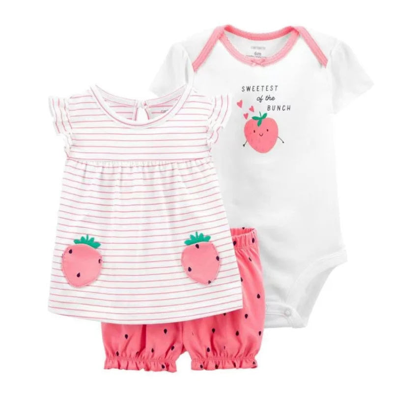 Conjunto Bebê Menina 3 Peças Vestido  com Estampas E Tapa Fralda  E Body  Bordado
