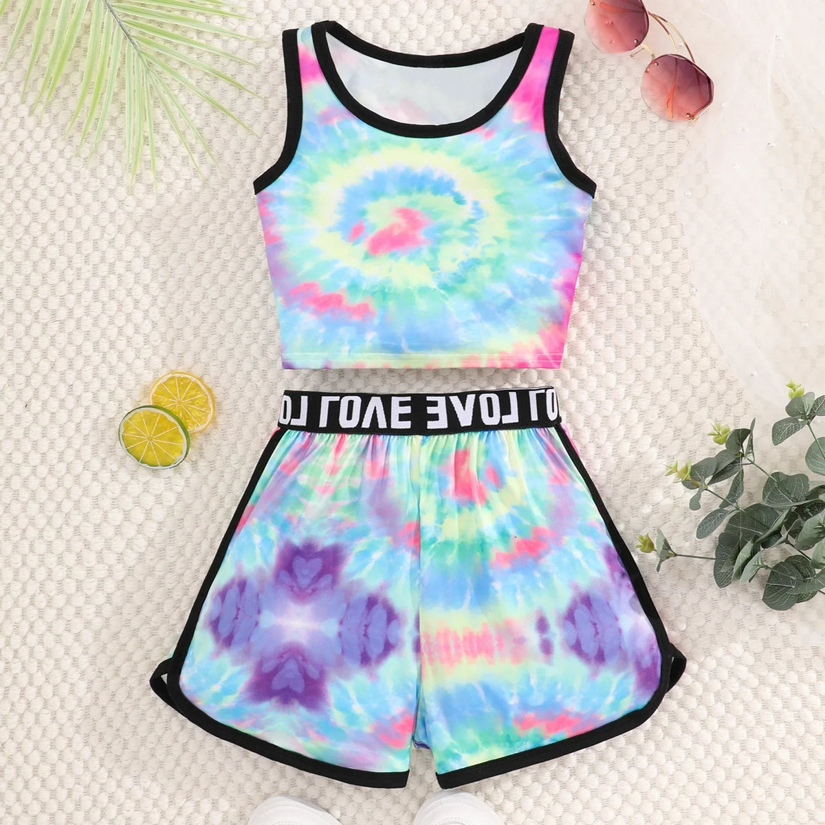 Conjunto Infantil Menina Conjunto Esportivo 2 Peças Top Cropped + Short Estampado Tie Dye