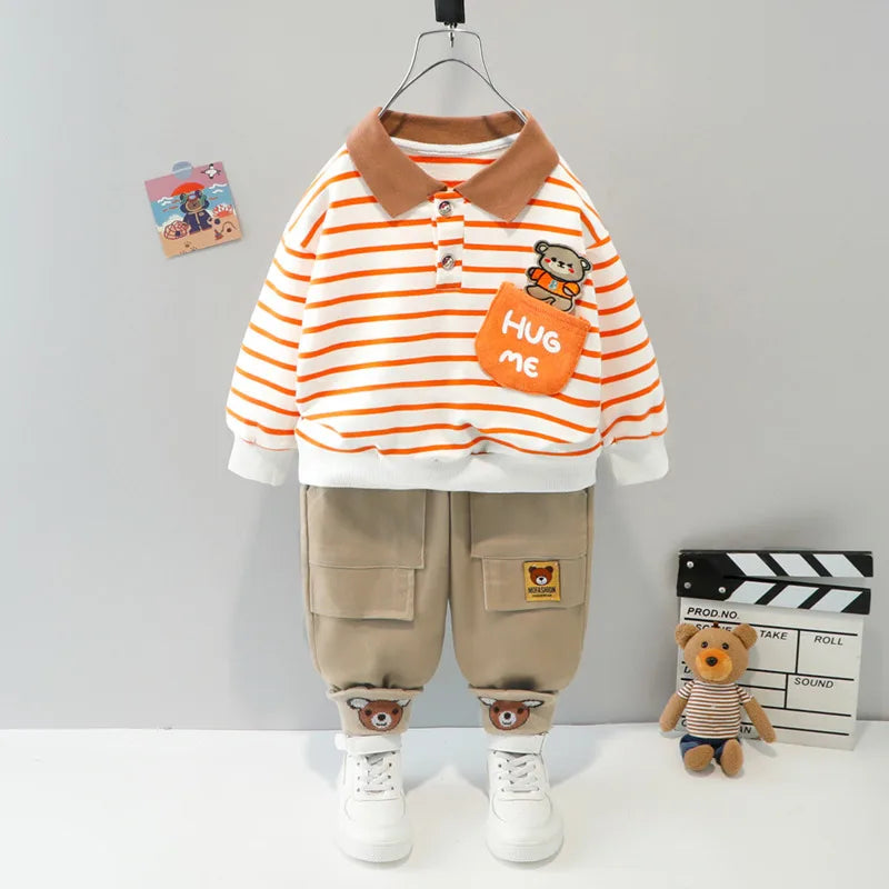 Conjunto Infantil Menino 2 Peças Blusa Polo Manga Longa Listrada  + Calça Cargo Bege