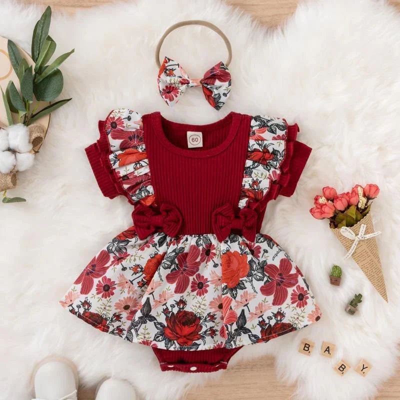 Vestido Recem Nascido Macaquinho Vestido Bebê Malha Canelada Estampa Floral com Babados e Laços
