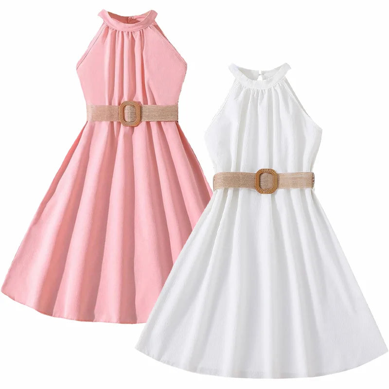Vestido Infantil Menina Gola Halter Sem Manga com Cinto e Saia Evasê