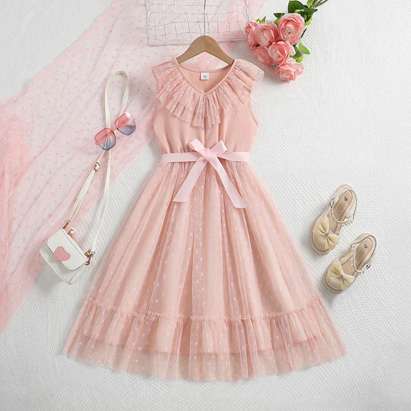 Vestido Infantil Rosê de Tule com Babados e Laço na Cintura