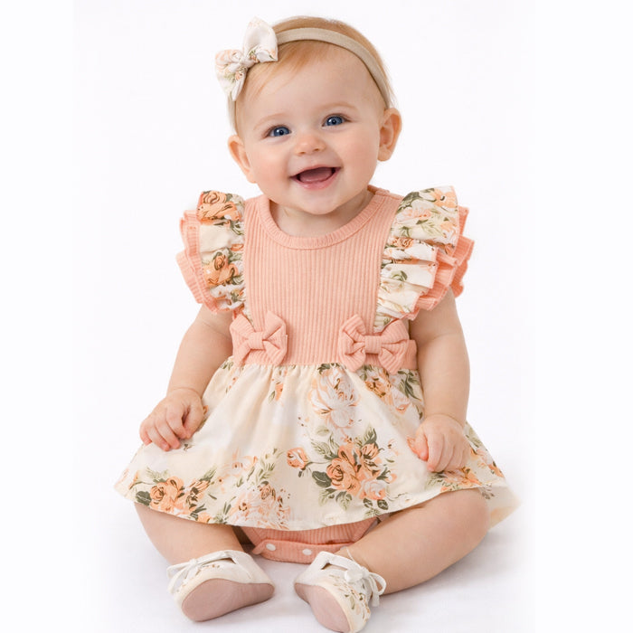 Vestido Recem Nascido Macaquinho Vestido Bebê Malha Canelada Estampa Floral com Babados e Laços
