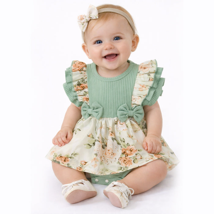 Vestido Recem Nascido Macaquinho Vestido Bebê Malha Canelada Estampa Floral com Babados e Laços